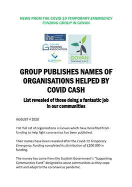 GROUP PUBLISHES NAMES of ORGANISATIONS HELPED by COVID CASH List Revealed of Those Doing a Fantastic Job in Our Communities