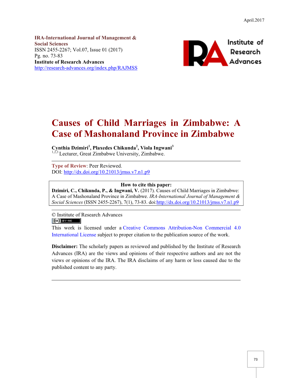 Causes of Child Marriages in Zimbabwe: a Case of Mashonaland Province in Zimbabwe