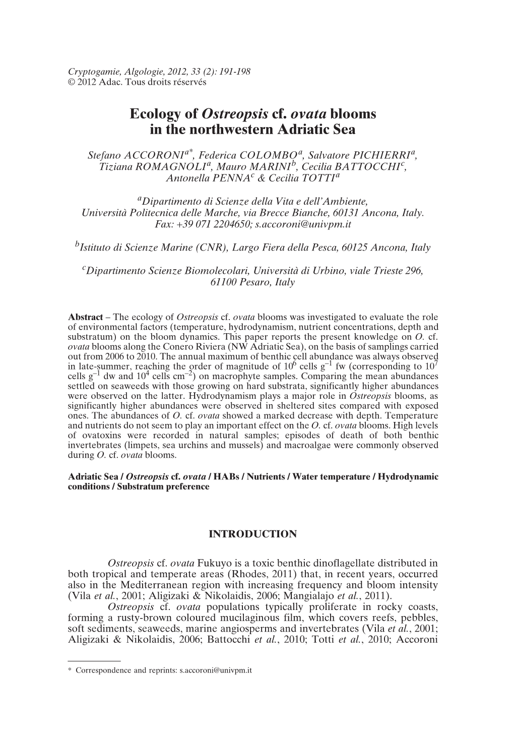 Ecology of Ostreopsis Cf. Ovata Blooms in the Northwestern Adriatic Sea