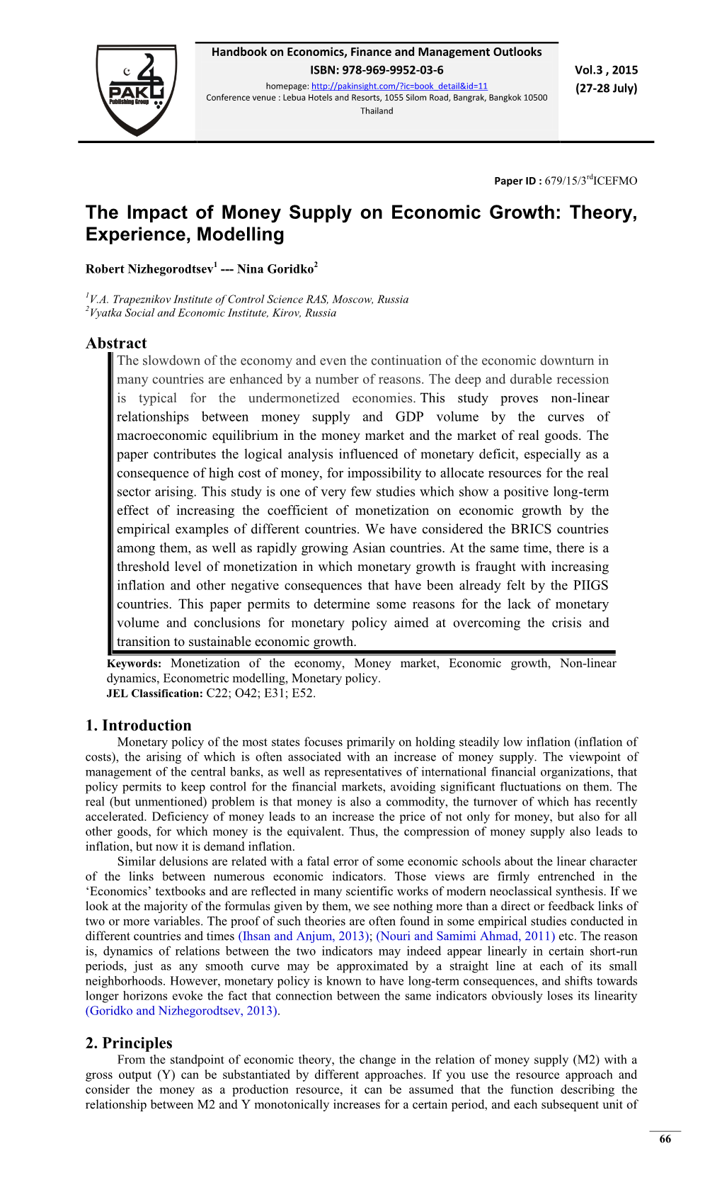 The Impact of Money Supply on Economic Growth: Theory, Experience, Modelling