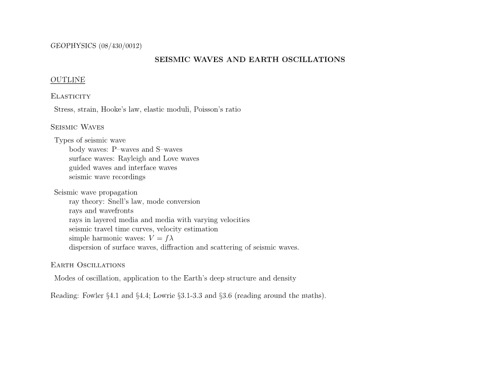 SEISMIC WAVES and EARTH OSCILLATIONS OUTLINE Elasticity