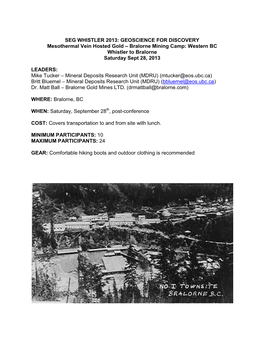 Bralorne Mining Camp: Western BC Whistler to Bralorne Saturday Sept 28, 2013