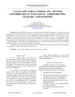 Cacao and Tablea Tsokolate: Spanish Contribution in Pangasinan Agroforestry, Culinary, and Economy