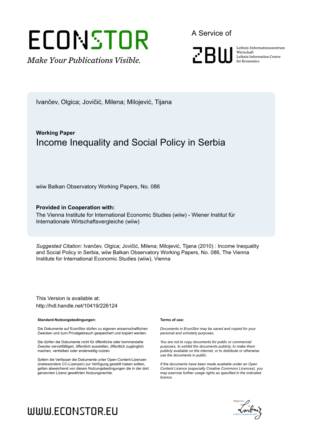 Wiiw Balkan Observatory Working Paper 86: Income Inequality and Social Policy in Serbia