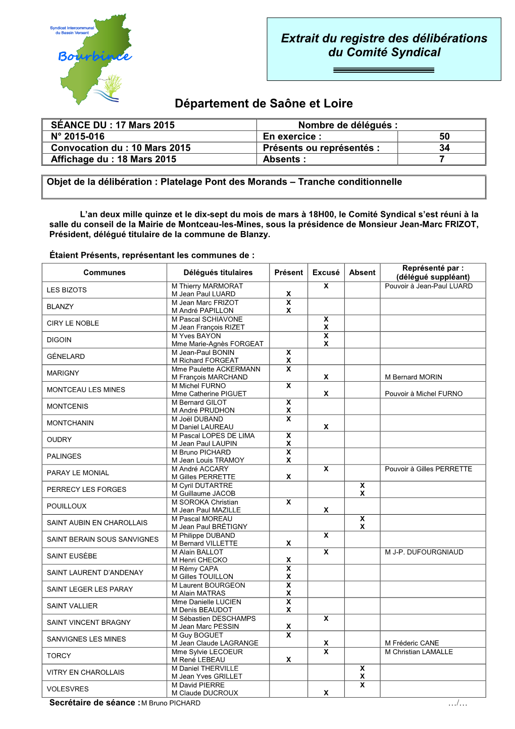 Département De Saône Et Loire Extrait Du Registre Des Délibérations