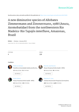 A New Diminutive Species of Allobates Zimmermann and Zimmermann, 1988 (Anura, Aromobatidae) from the Northwestern Rio Madeira-Rio Tapajós Interfluve, Amazonas, Brazil