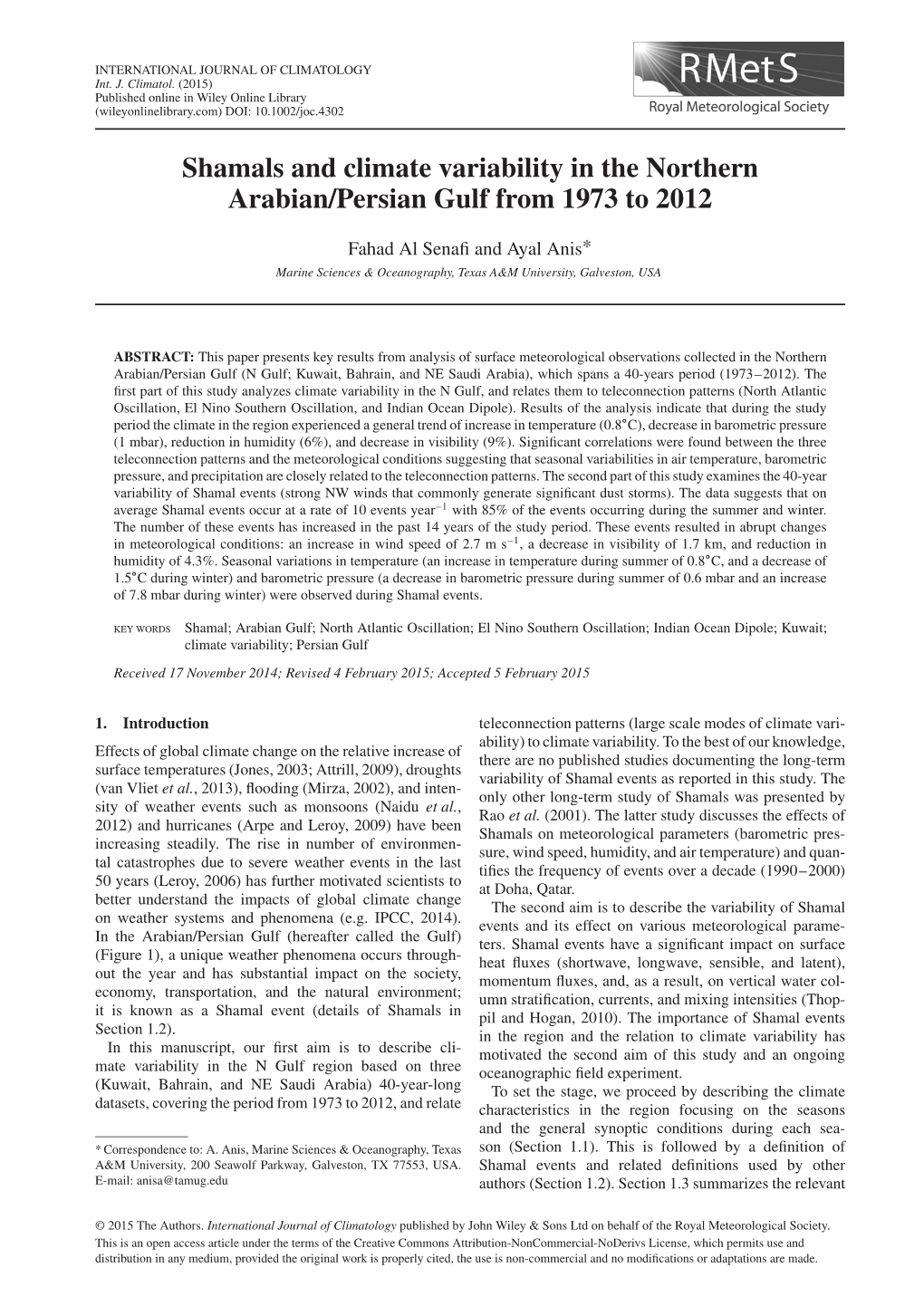 Shamals and Climate Variability in the Northern Arabian/Persian Gulf from 1973 to 2012