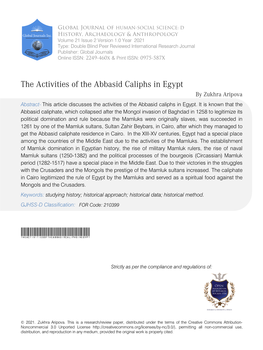 The Activities of the Abbasid Caliphs in Egypt by Zukhra Aripova Abstract- This Article Discusses the Activities of the Abbasid Caliphs in Egypt