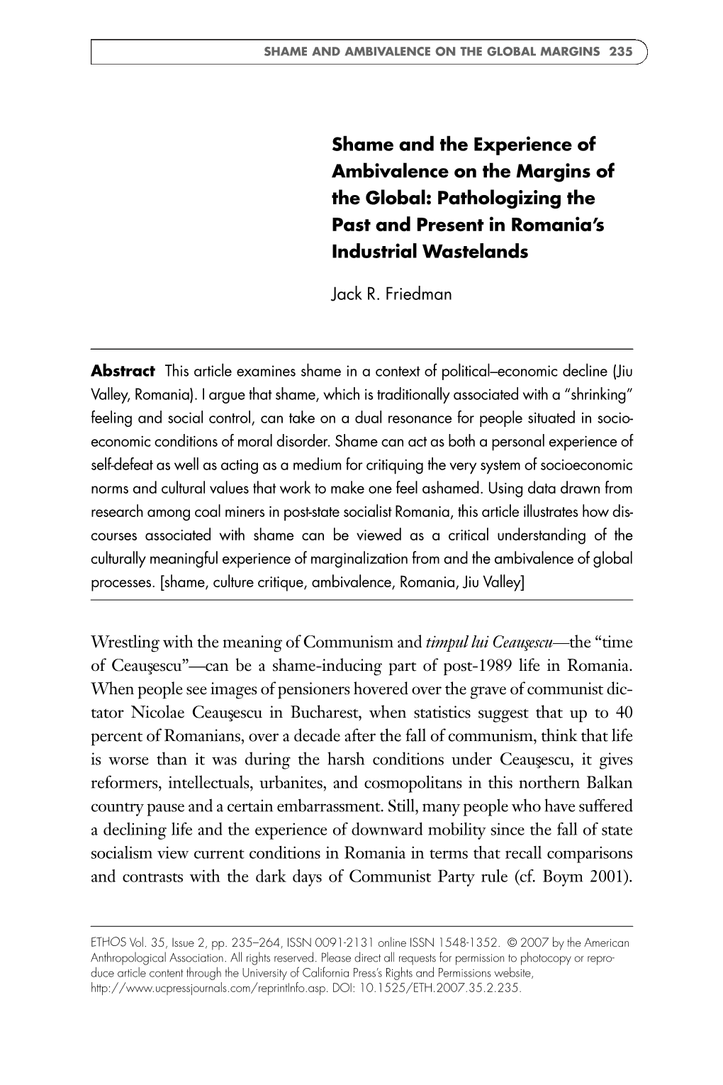 Shame and the Experience of Ambivalence on the Margins of the Global: Pathologizing the Past and Present in Romania’S Industrial Wastelands