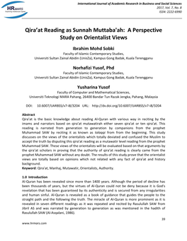 Qira'at Reading As Sunnah Muttaba'ah: a Perspective Study On