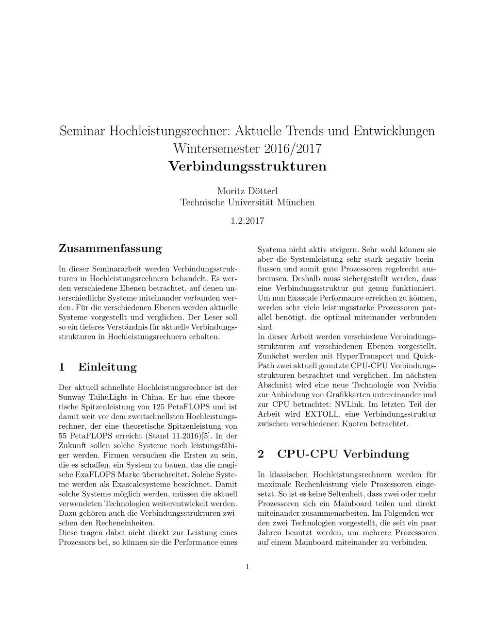 Seminar Hochleistungsrechner: Aktuelle Trends Und Entwicklungen Wintersemester 2016/2017 Verbindungsstrukturen