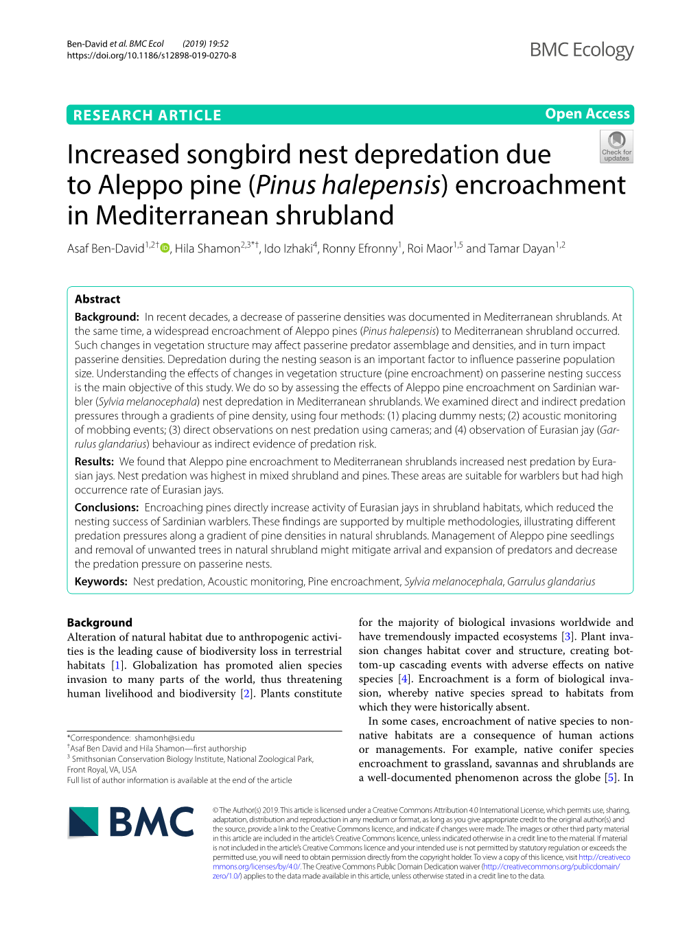 Increased Songbird Nest Depredation Due to Aleppo Pine