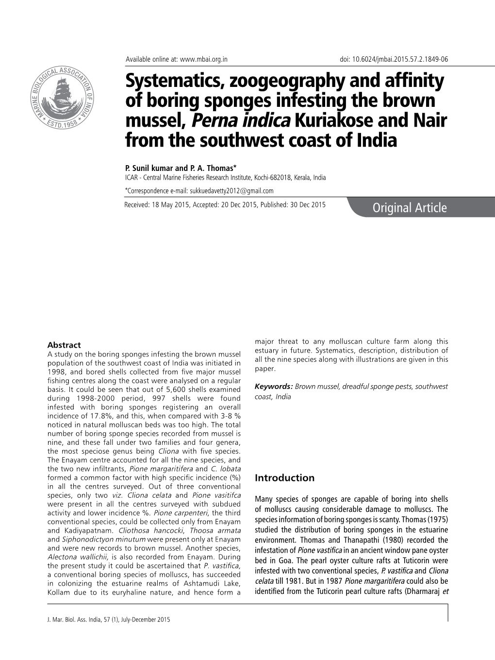 Systematics, Zoogeography and Affinity of Boring Sponges Infesting the Brown Mussel, Perna Indica Kuriakose and Nair from the Southwest Coast of India