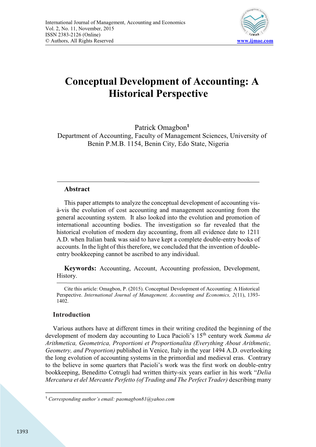 Conceptual Development of Accounting: a Historical Perspective