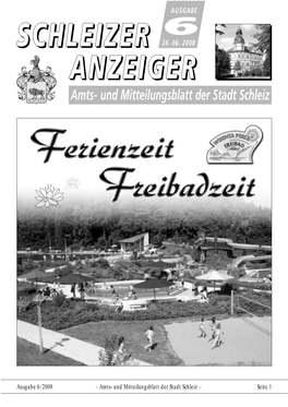 Ausgabe 6/2008 – Amts- Und Mitteilungsblatt Der Stadt Schleiz – Seite 1 Nichtamtl
