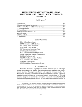 The Russian Gas Industry, Its Legal Structure, and Its Influence on World Markets