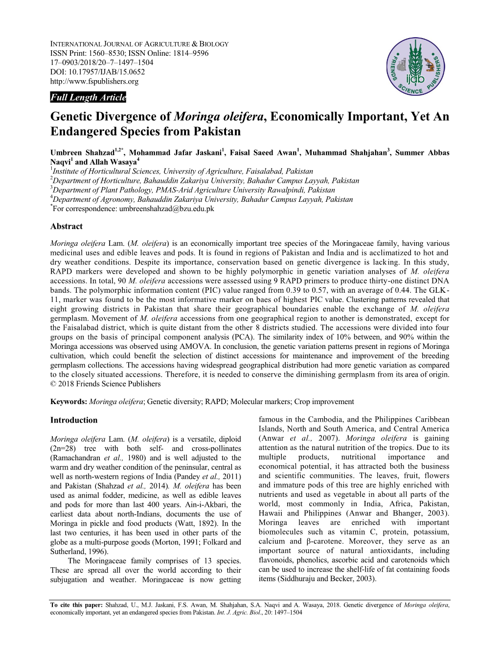 Genetic Divergence of Moringa Oleifera, Economically Important, Yet an Endangered Species from Pakistan