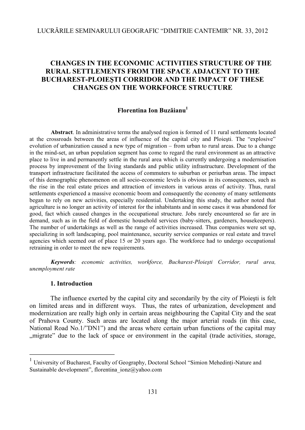 Changes in the Economic Activities Structure of the Rural Settlements from the Space Adjacent to the Bucharest-Ploieşti Corrido