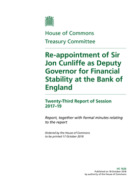 Re-Appointment of Sir Jon Cunliffe As Deputy Governor for Financial Stability at the Bank of England