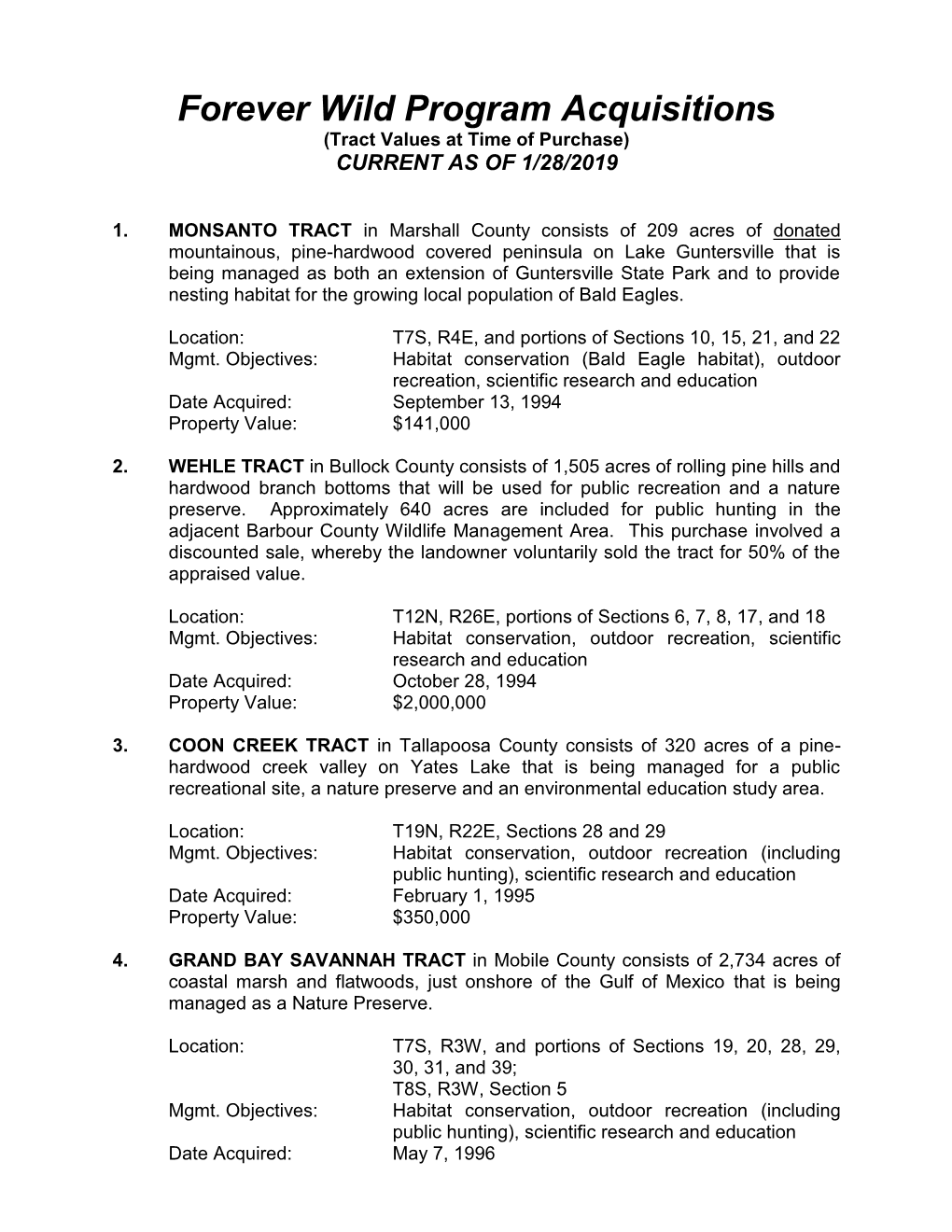 Forever Wild Program Acquisitions (Tract Values at Time of Purchase) CURRENT AS of 1/28/2019