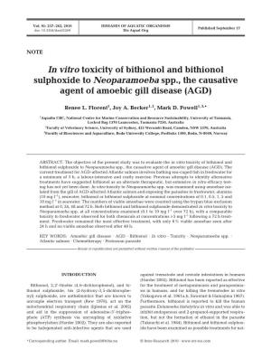 In Vitro Toxicity of Bithionol and Bithionol Sulphoxide to Neoparamoeba Spp., the Causative Agent of Amoebic Gill Disease (AGD)