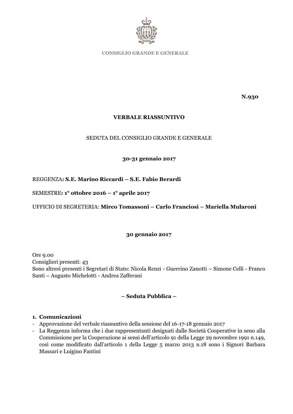 Verbale Consiglio Grande E Generale 30-31 Gennaio 2017