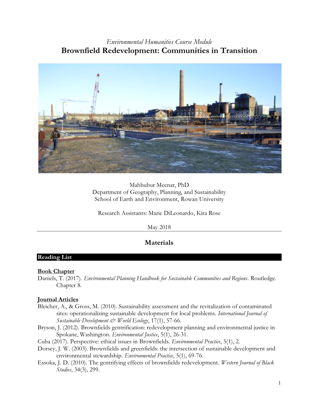 Brownfield Redevelopment: Communities in Transition