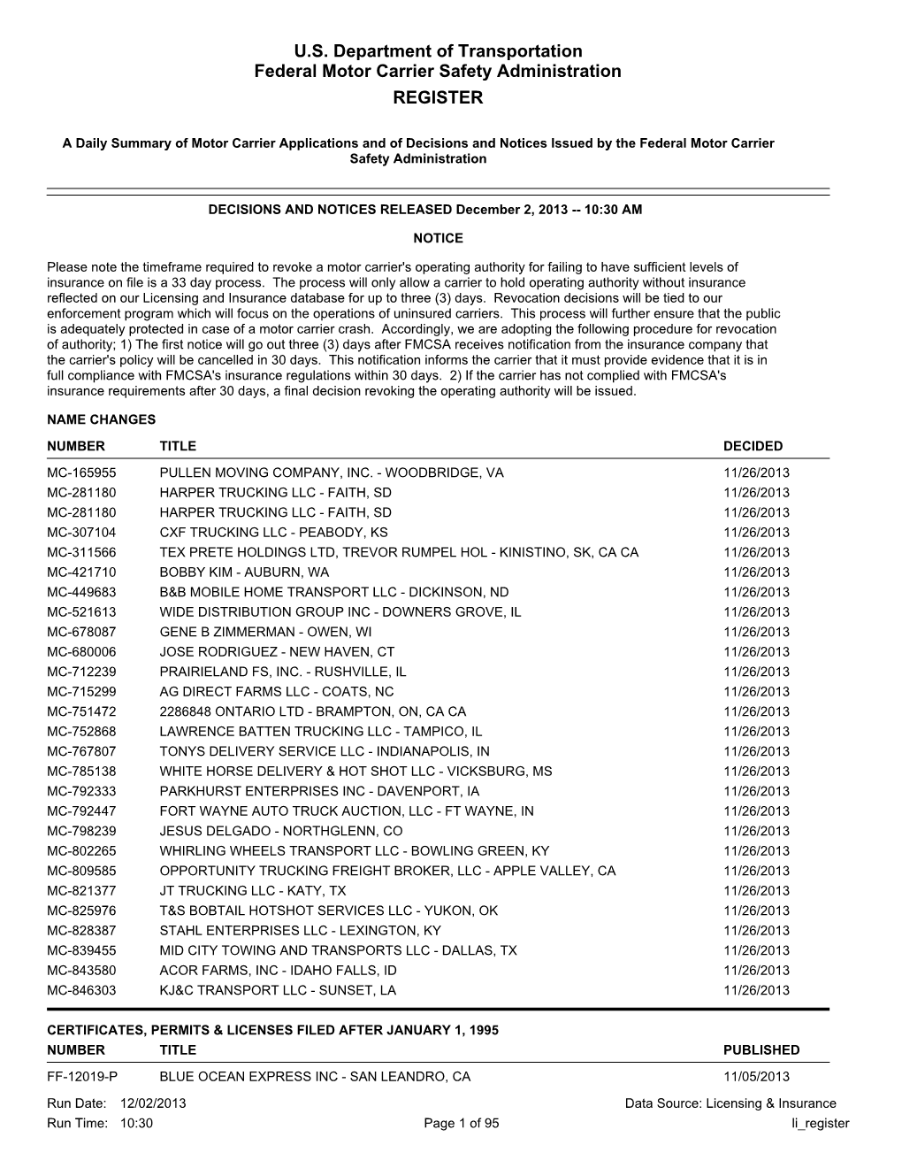 U.S. Department of Transportation Federal Motor Carrier Safety Administration REGISTER