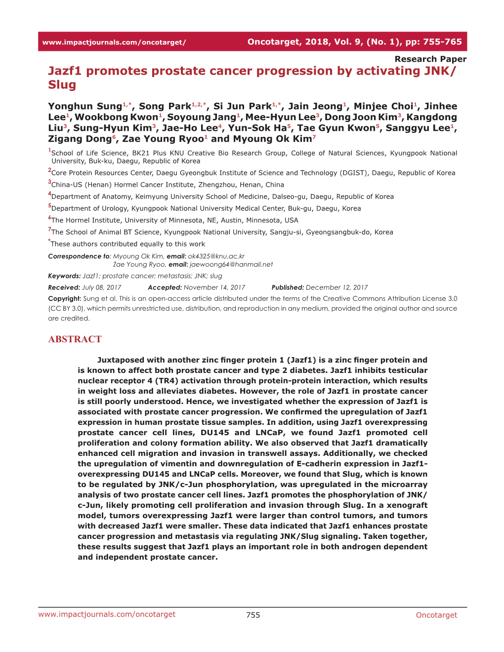 Jazf1 Promotes Prostate Cancer Progression by Activating JNK/ Slug