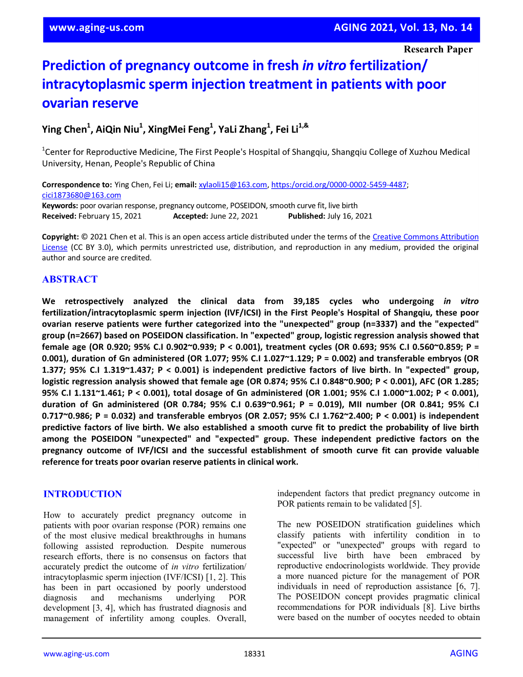 Prediction of Pregnancy Outcome in Fresh in Vitro Fertilization/ Intracytoplasmic Sperm Injection Treatment in Patients with Poor Ovarian Reserve