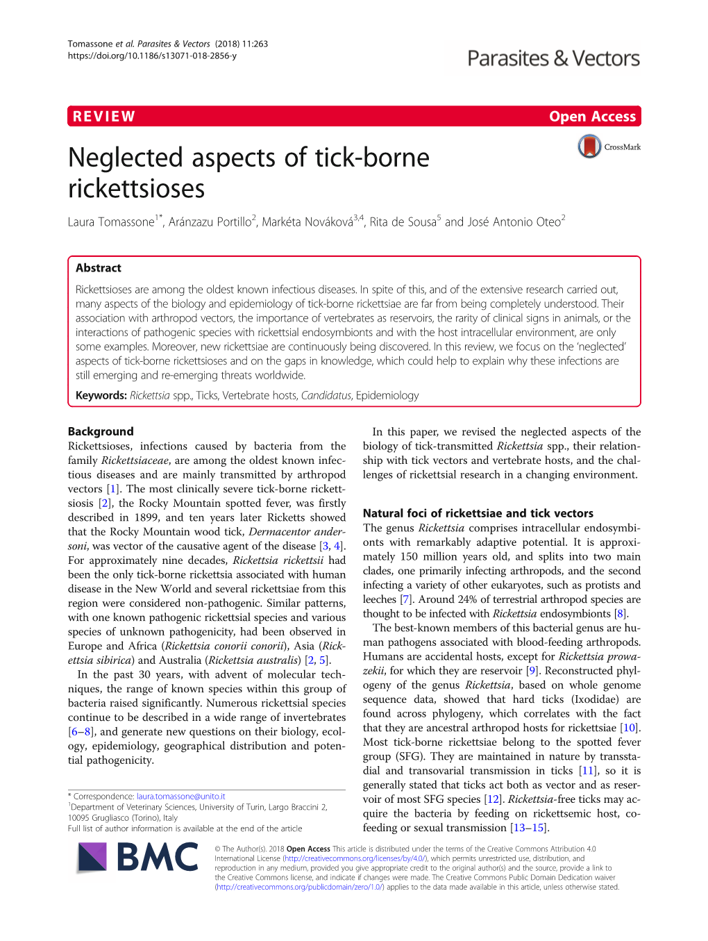 Neglected Aspects of Tick-Borne Rickettsioses Laura Tomassone1*, Aránzazu Portillo2, Markéta Nováková3,4, Rita De Sousa5 and José Antonio Oteo2