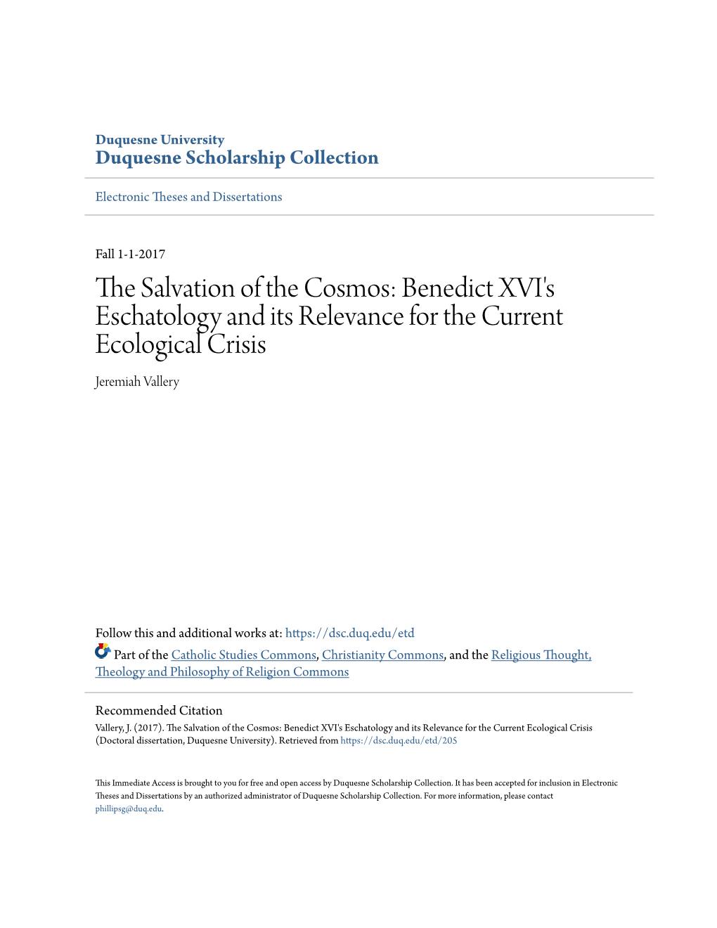 The Salvation of the Cosmos: Benedict XVI's Eschatology and Its