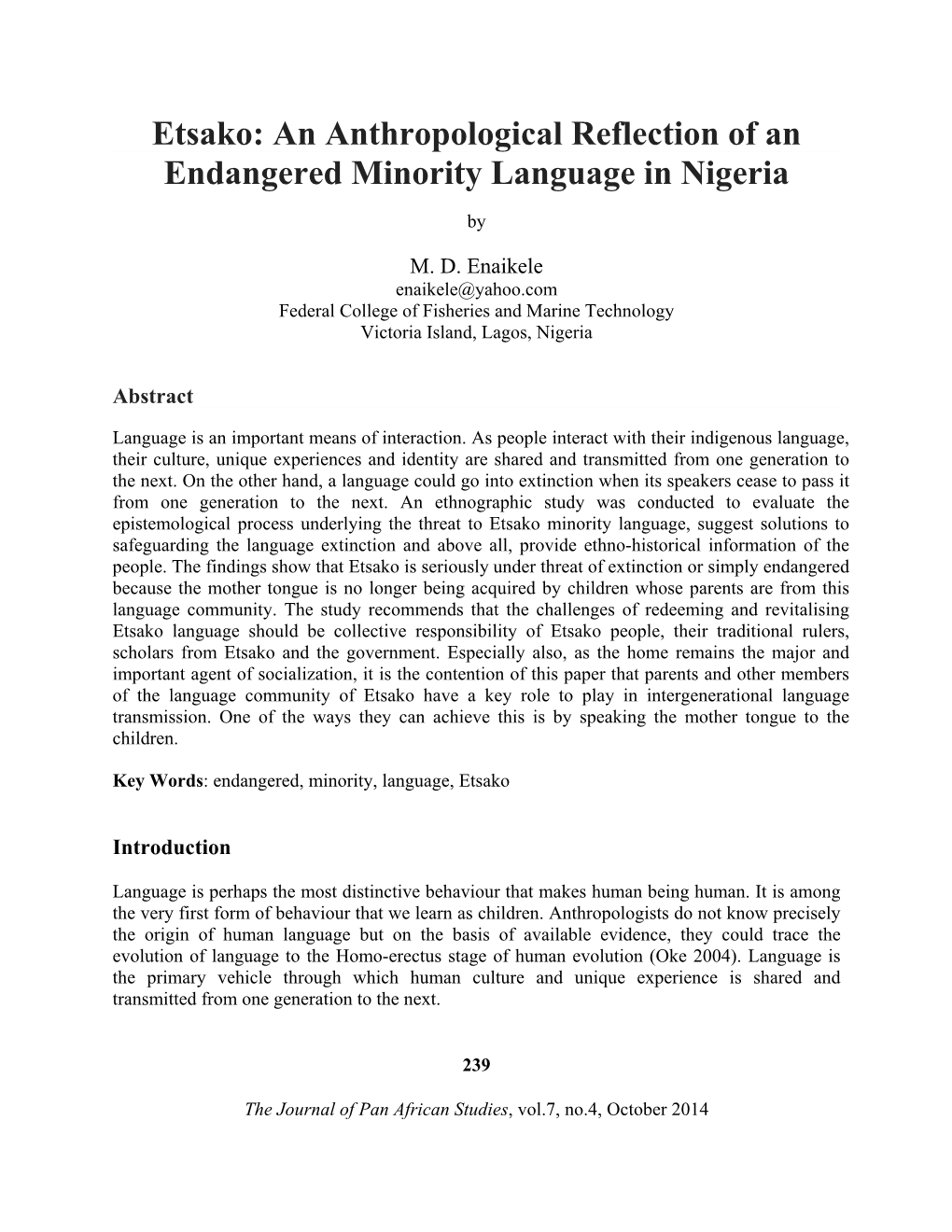 Etsako: an Anthropological Reflection of an Endangered Minority Language in Nigeria