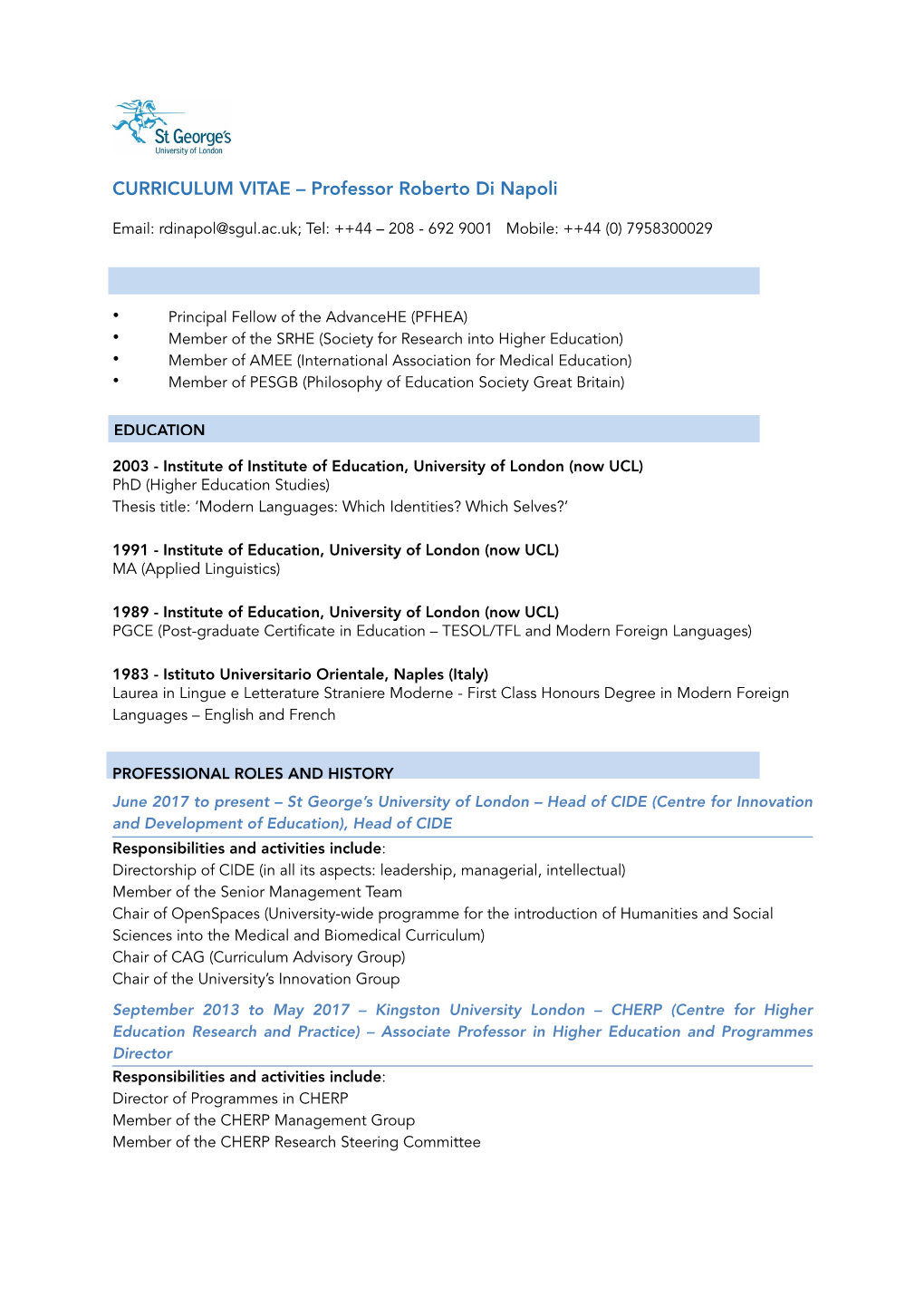 CURRICULUM VITAE – Professor Roberto Di Napoli