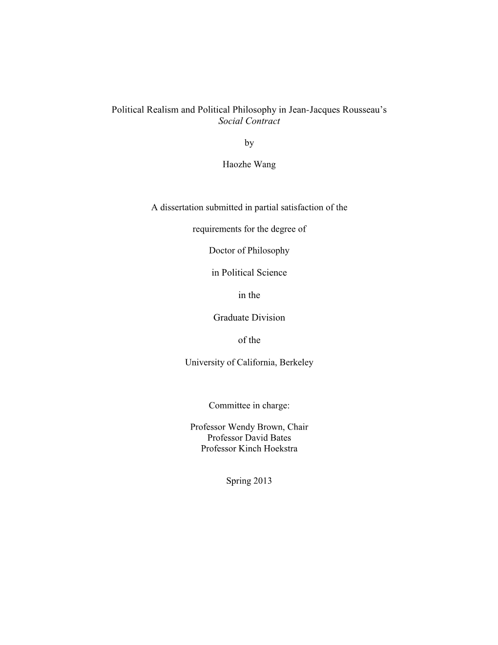 Political Realism and Political Philosophy in Jean-Jacques Rousseau's Social Contract in Political Science in the Graduate Di