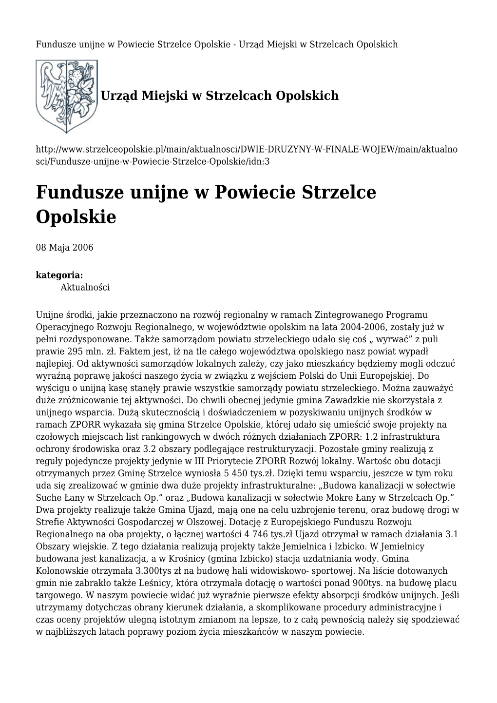 Fundusze Unijne W Powiecie Strzelce Opolskie - Urząd Miejski W Strzelcach Opolskich