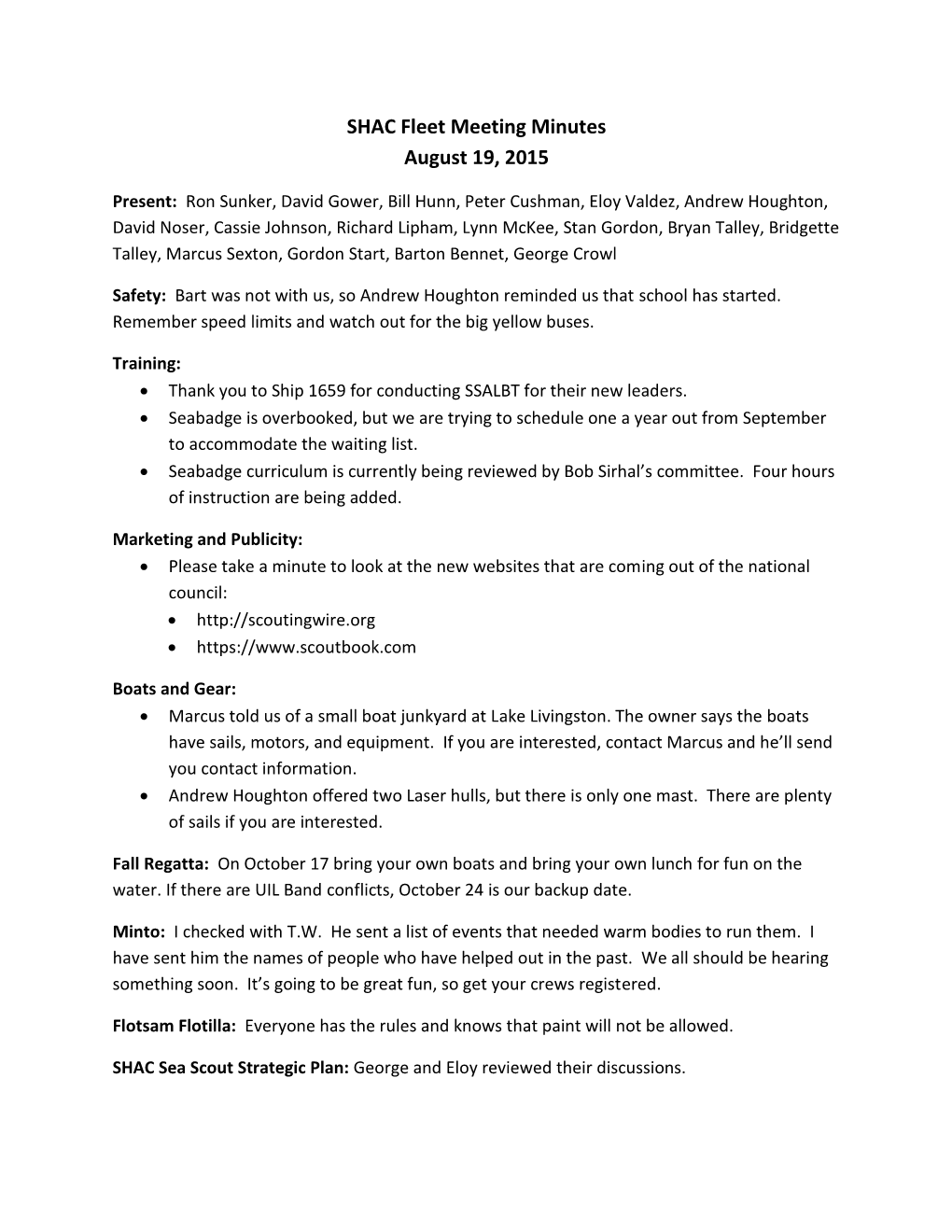 SHAC Fleet Meeting Minutes August 19, 2015