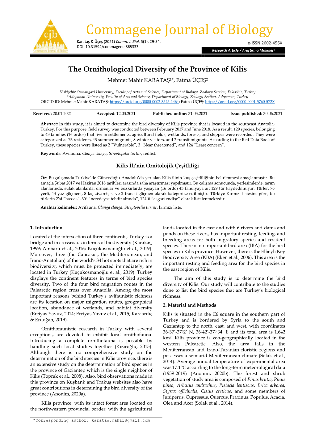 Commagene Journal of Biology Karataş & Üçeş (2021) Comm