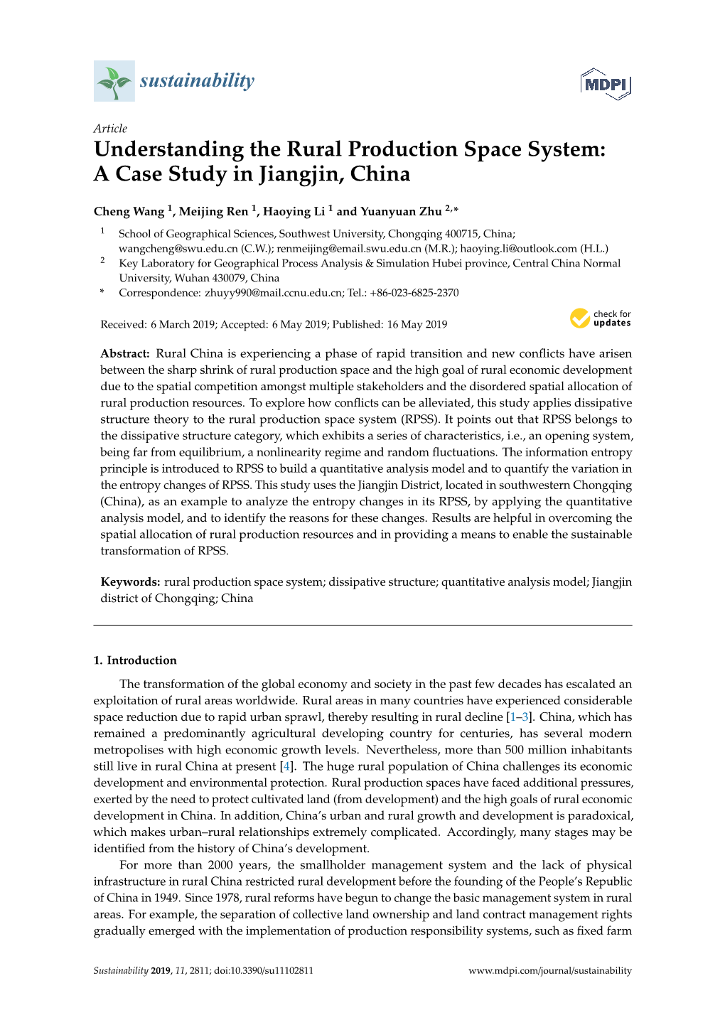 Understanding the Rural Production Space System: a Case Study in Jiangjin, China