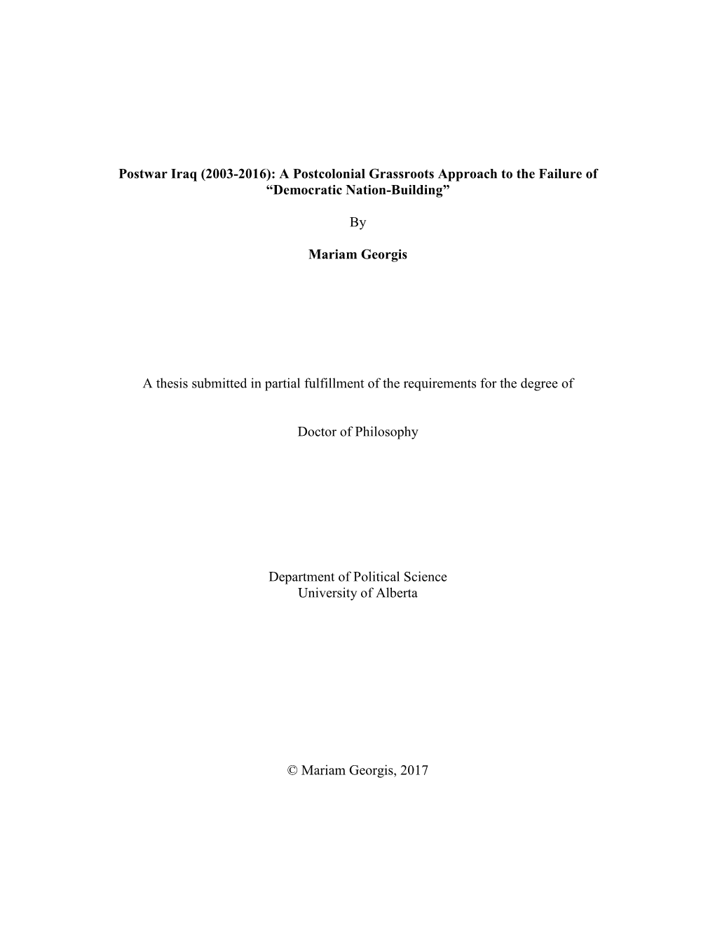 Postwar Iraq (2003-2016): a Postcolonial Grassroots Approach to the Failure of “Democratic Nation-Building”