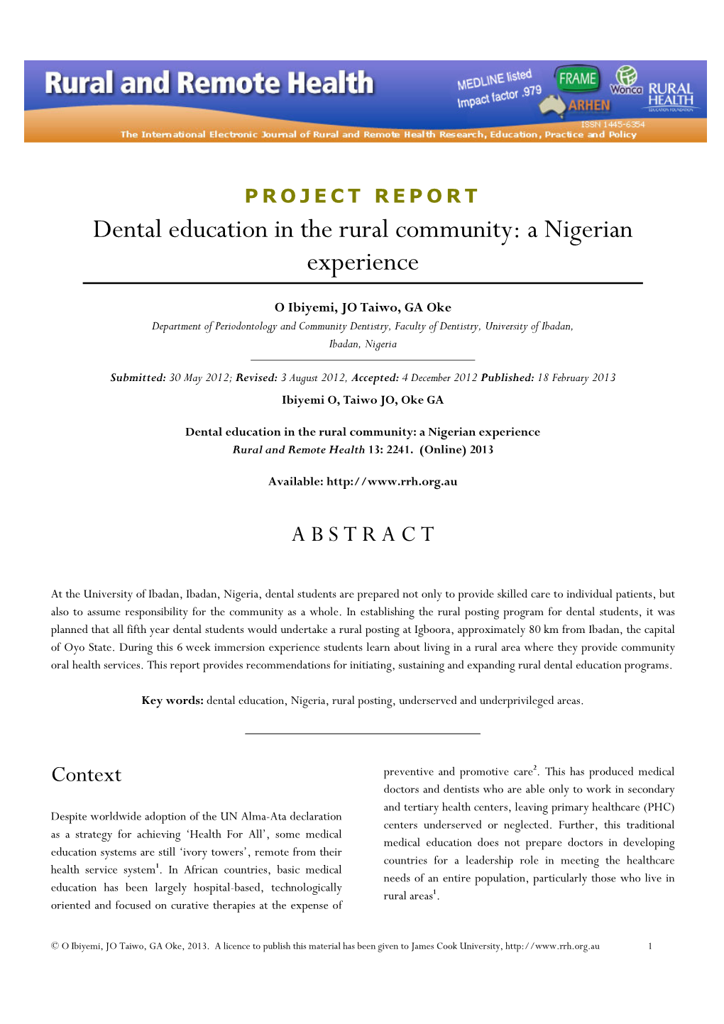 Dental Education in the Rural Community: a Nigerian Experience