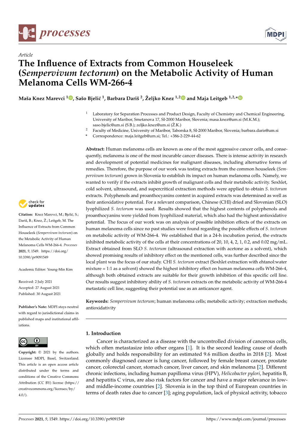 Sempervivum Tectorum) on the Metabolic Activity of Human Melanoma Cells WM-266-4
