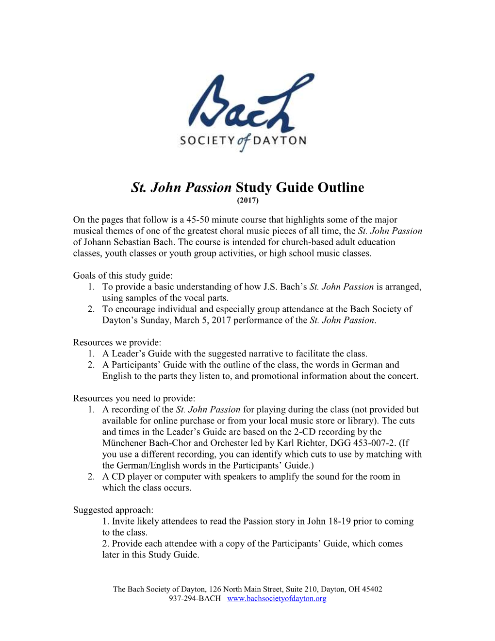 St. John Passion Study Guide Outline (2017)