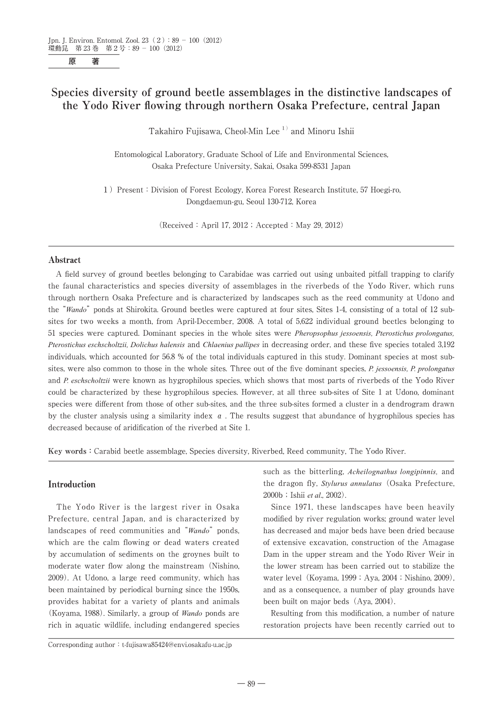 Species Diversity of Ground Beetle Assemblages in the Distinctive Landscapes of the Yodo River Flowing Through Northern Osaka Prefecture, Central Japan