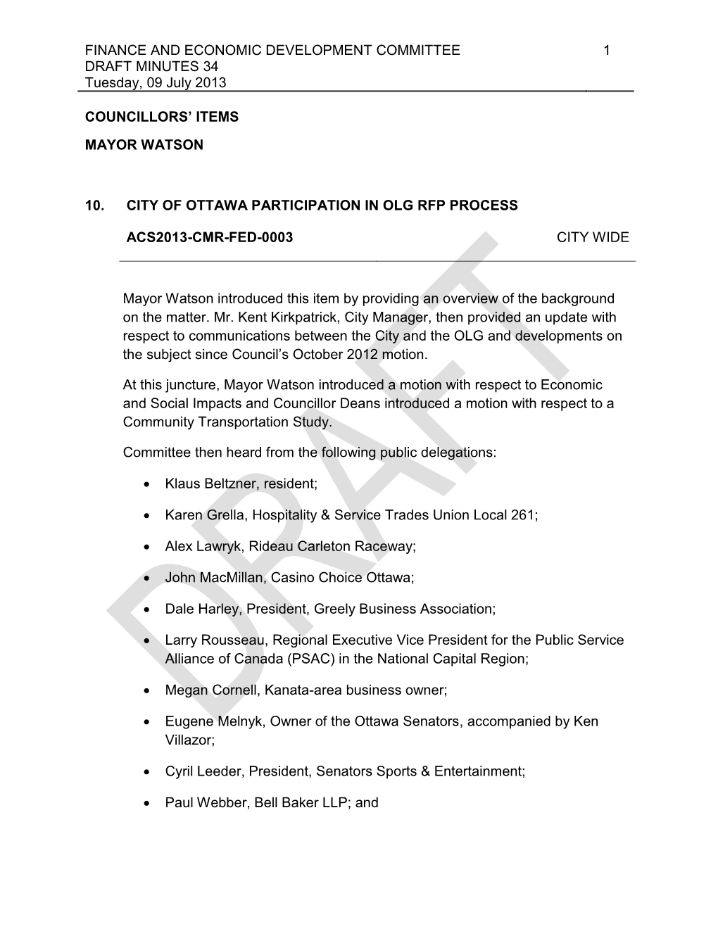 FINANCE and ECONOMIC DEVELOPMENT COMMITTEE 1 DRAFT MINUTES 34 Tuesday, 09 July 2013