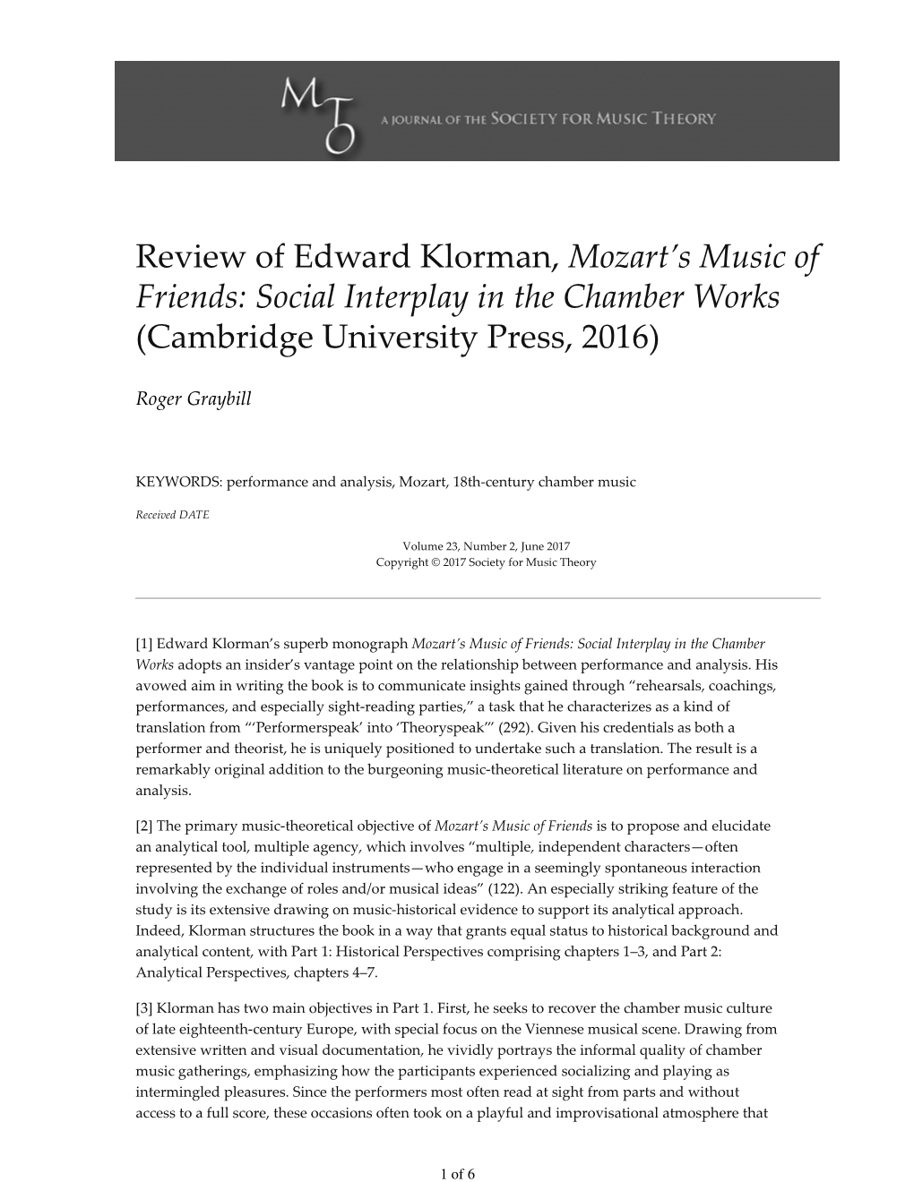 MTO 23.2: Graybill, Review of Edward Klorman, Mozart™S Music of Friends: Social Interplay in the Chamber Works