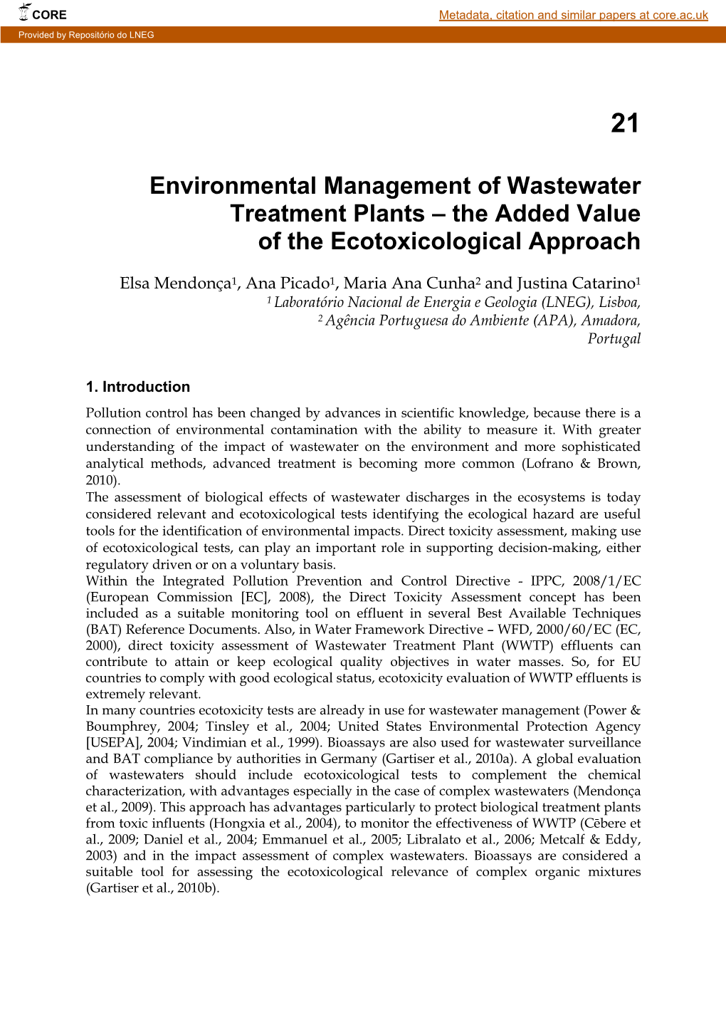 Environmental Management of Wastewater Treatment Plants – the Added Value of the Ecotoxicological Approach