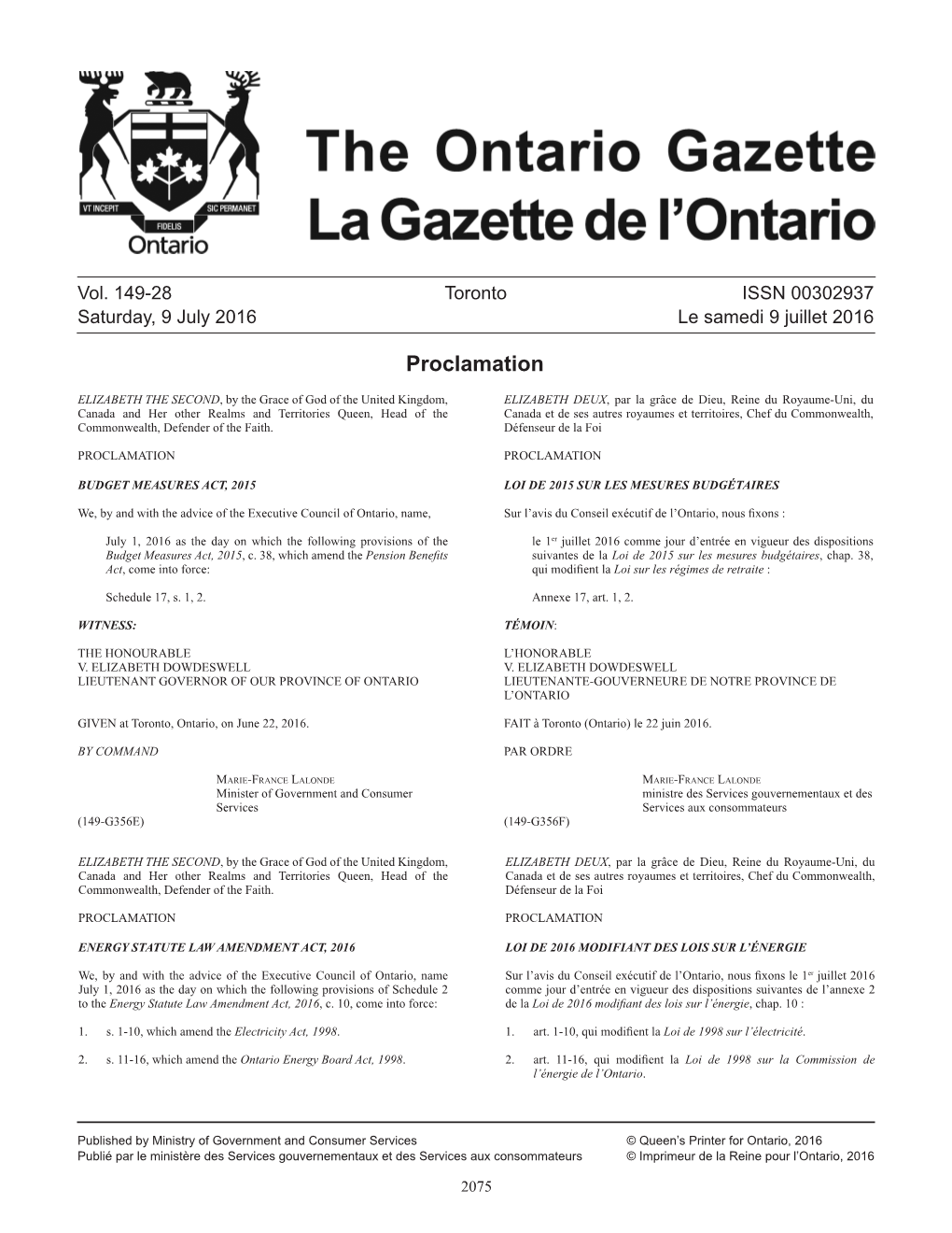 Ontario Gazette Volume 149 Issue 28, La Gazette De L'ontario Volume 149