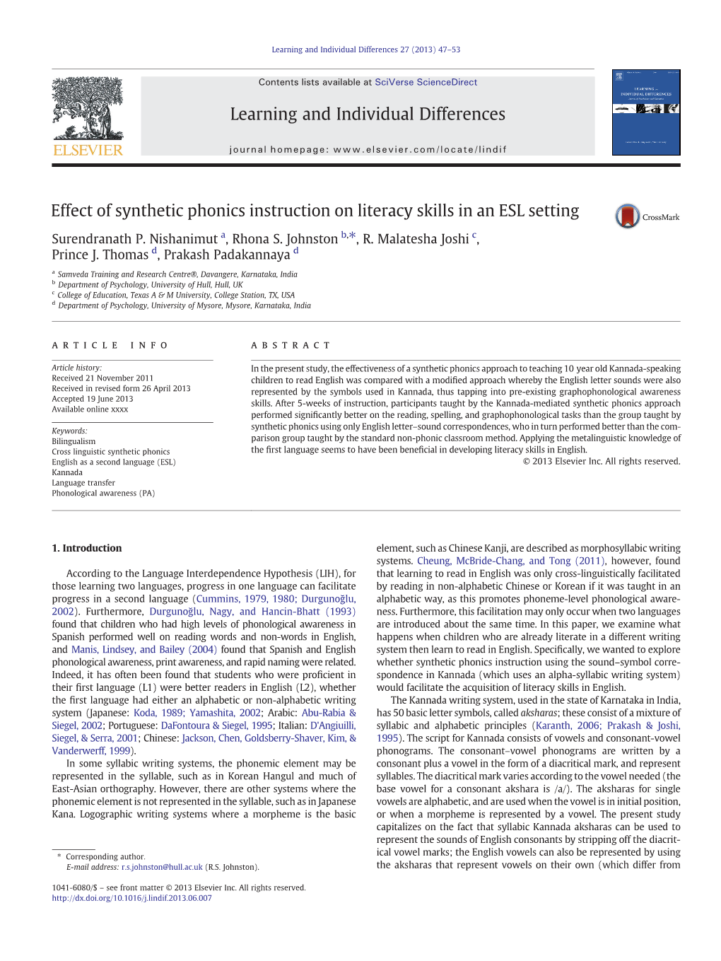 Effect of Synthetic Phonics Instruction on Literacy Skills in an ESL Setting