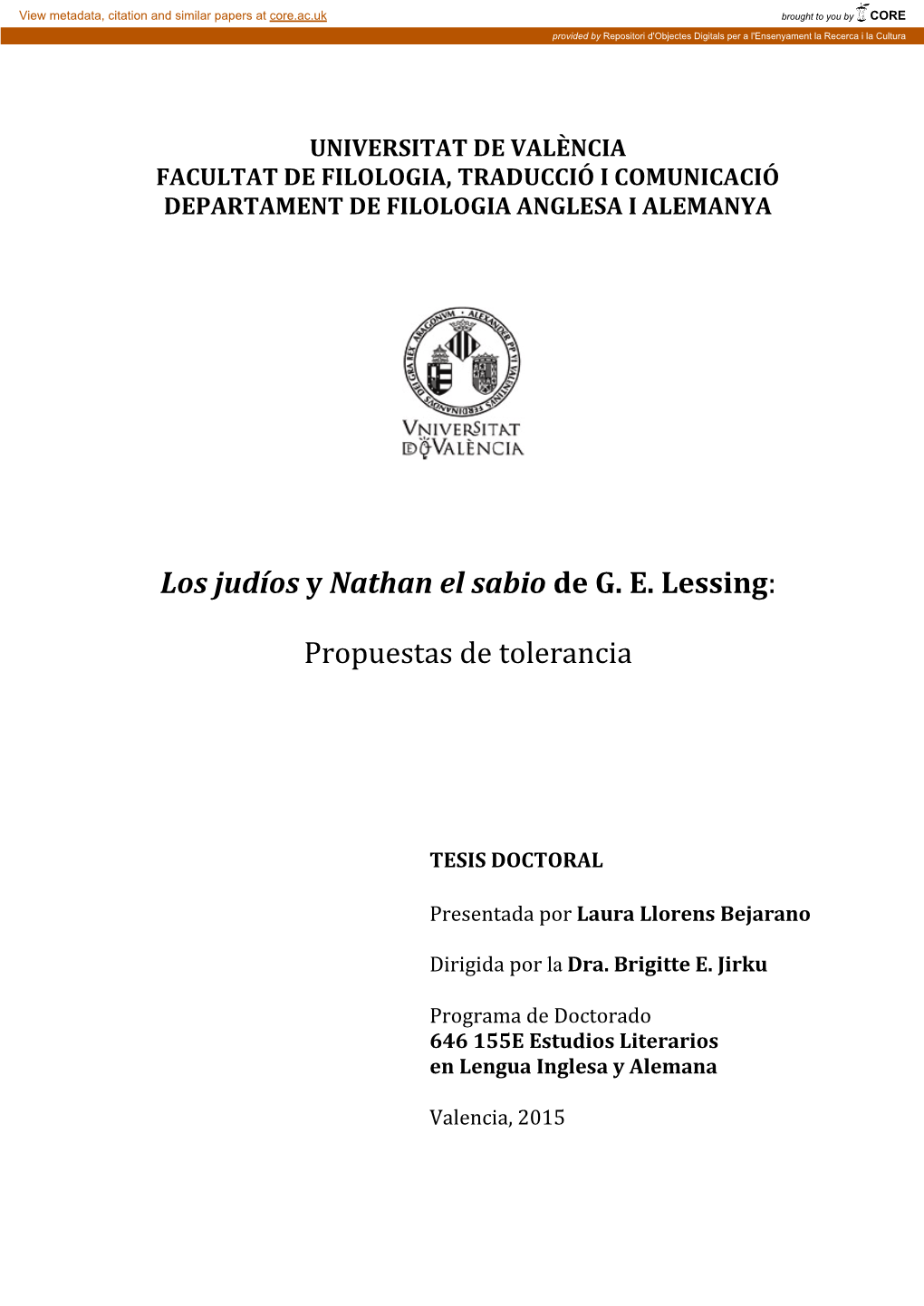 Los Judíos Y Nathan El Sabio De G. E. Lessing: Propuestas De Tolerancia